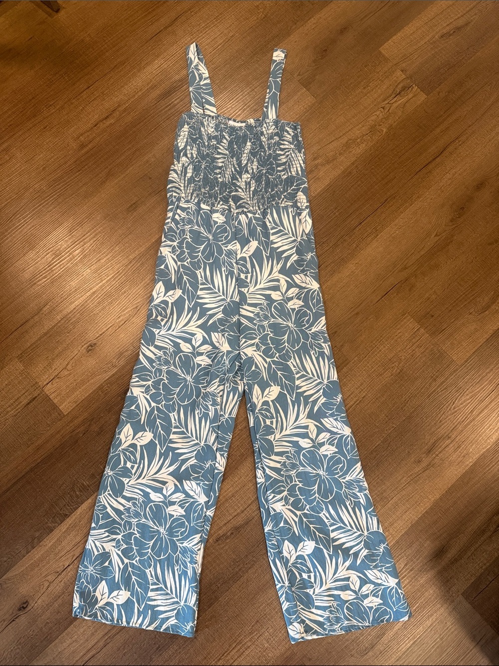 Gilli Blue and White Floral Strap Smocked Jumpsuit